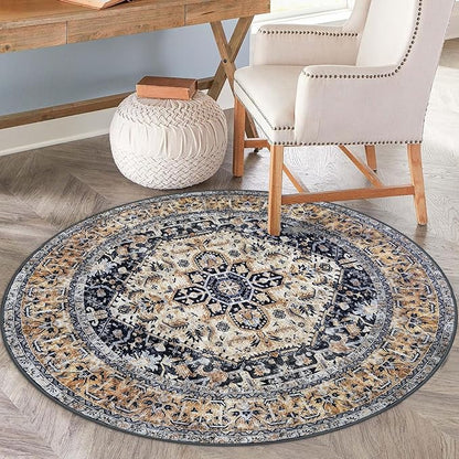 KOZYFLY Round Rug, 6 Ft, Washable, Non Slip, Living Room, Dining Room, Gold Navy