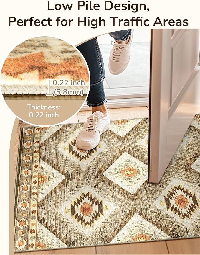 Area Rug 9x12 Rug Machine Washable Non-Slip Low Pile Print Pattern Western Rug for Living Room Bedroom Entryway Tribal Series -Cream/Camel