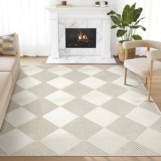 Abani Cream Area Rug for Living Room, Bedroom - Diamond Pattern - 8 x 10 -Durable & Easy to Clean