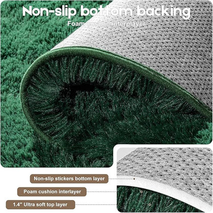 4x6 Dark Green Rugs for Bedroom Living Room, Fluffy Small Area Rug Soft Shag Carpet for Kids Boys and Girls Room with 4 Rugs Non-Slip Stickers Dorm Home Decor (4ft x 6ft)