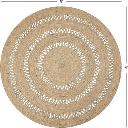 REDEARTH · Round Area Rug - 5 Feet Braided Scalloped Earthy Trails Jute Rug- Artisan Made Boho Jute Patterned Rugs for Bedroom, Kitchen, Living Room, Farmhouse, Aesthetic, Handmade Vintage Décor