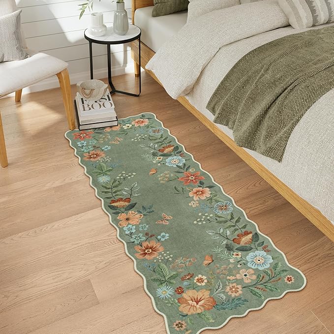 Lahome Floral Washable Runners for Hallways, 2x5 Kitchen Runner Ultra-Thin, Non-Slip Soft Hallway Rug Stain Resistant Boho Low-Pile Carpet for ‎Laundry Bathroom Bedroom(2x5ft,Green)