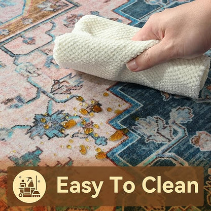 YJ.GWL Area Rugs for Living Room 6x9 Machine Washable Rugs, Non Slip Floral Vintage Rug Indoor Carpet, Stain Resistant Large Rug for Bedroom Dining Room, Brown Blue