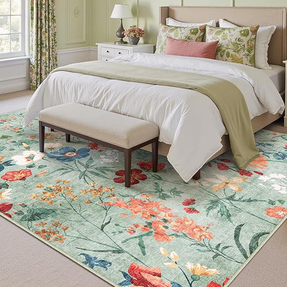 Green Area Rug 8x10 Floral Washable Living Room Kitchen Boho Carpet Non Slip Low Pile Indoor Accent Lightweight Soft Throw Rug for Bedroom Office Dining Room Nursery Farmhouse