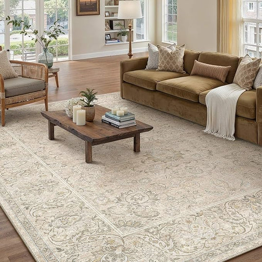 HUGEAR 5x7 Machine Washable Area Rugs Vintage Beige - Neutral Living Room Bedroom Rug Non Slip Stain Resistant Low Pile Aesthetic Throw Carpet Kids & Pet Friendly