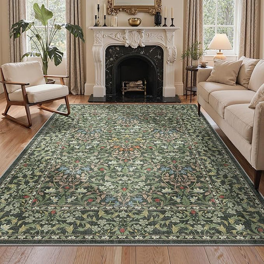 Bavni 5x7 Area Rugs for Living Room, Floral Rug Machine Washable Non Slip, Vintage Boho Forest Carpet, Soft Low Pile Thin Lightweight Rugs for Bedroom, Farmhouse, Dining Room Office, Emerald Green