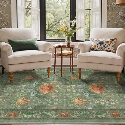 Bavni 5x7 Area Rugs for Living Room, Microfiber Machine Washable Non-Slip Vintage Floral Rug, Low Pile Lightweight Carpet for Bedroom, Dining Room, Home Office, Bean Green