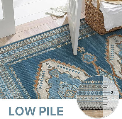GENIMO Machine Washable 8x10 Area Rugs for Living Room, Non Slip Vintage Rugs, Low Pile Lightweight Chenille Print Rug for Bedroom, Dining Room, Home Office, Navy/Brick