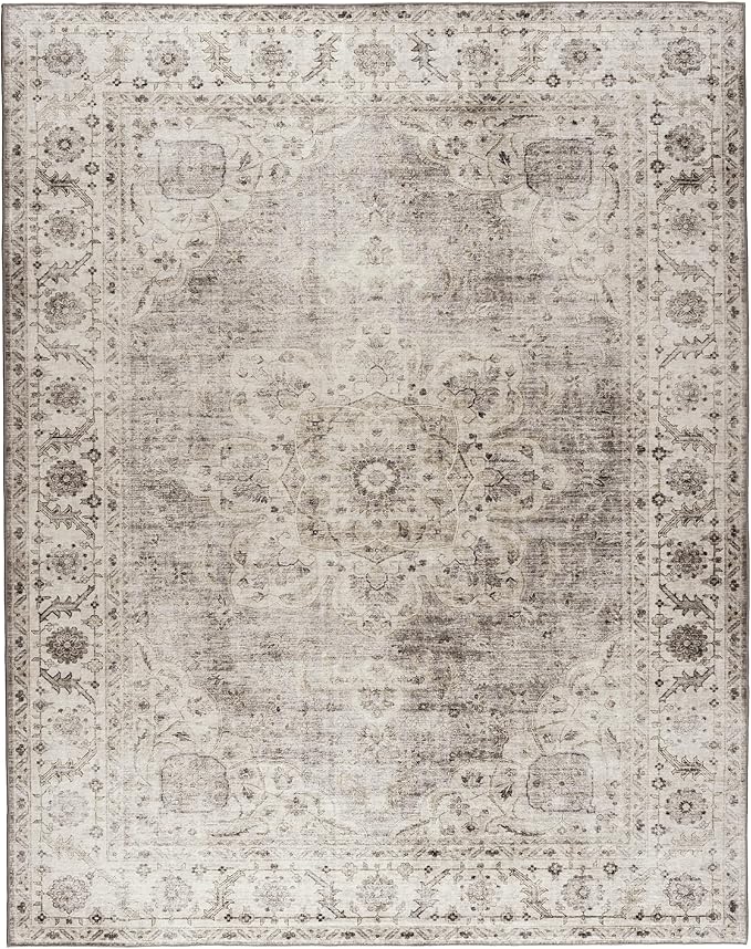 ReaLife Rugs Machine Washable Area Rug - Living Room Bedroom Bathroom Kitchen Entryway Office - Padded Low Pile Stain Resistant Premium - Boho Farmhouse Vintage - Joy - Beige Ivory 5' x 7'