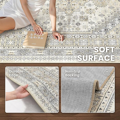 zesthome 4x6 Rug - Stain Resistant Washable Rug, Anti Slip Backing Rugs for Living Room, Foldable Vintage Small Area Rugs ((Beige,4'x6')