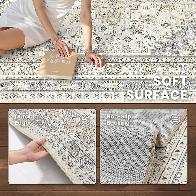 zesthome 5x7 Area Rugs - Ultra-Thin Washble Rug, Stain Resistant Anti Slip Backing Rugs for Living Room,Bedroom, Vintage Home Decor Area Rug (Beige,5'x7')