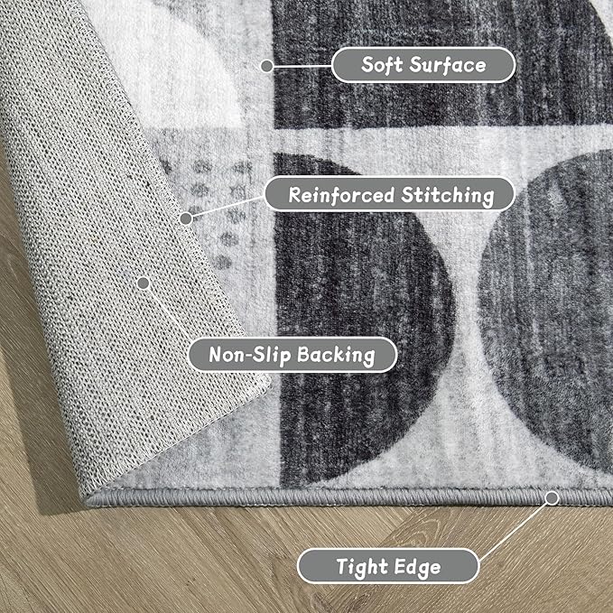 MUJOO Runner Rug Washable,2x6 Area Rugs for Hallways Kitchen Bathroom Bedroom Entryway,Non Slip Carpet Long Mat Indoor,Boho Soft Modern Abstract Black and Grey