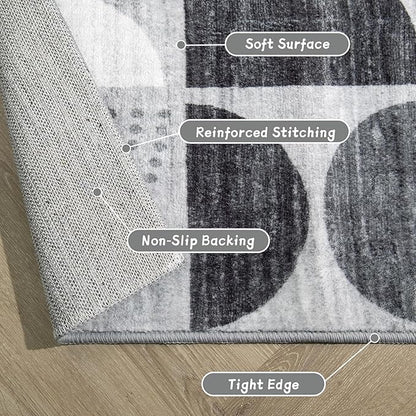 MUJOO Washable Rug Black,4x6.5 Area Rugs for Bedroom Entryway Living Room Bedside,Small Boho Throw Floor Carpet Non Slip Soft Indoor Modern Abstract Black and Grey