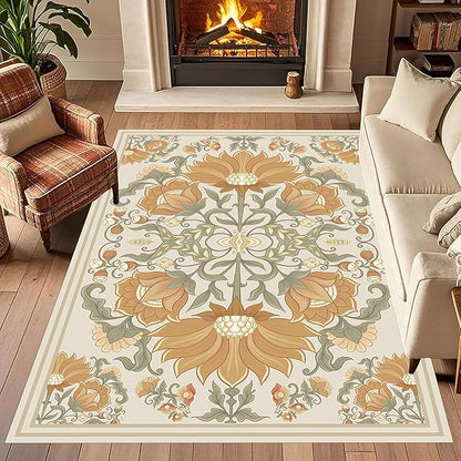 Abstract Sunflower Area Rugs, 5x7ft, Traditional Rustic Vintage Tropical Floral Theme Beige Farmhouse Boho Carpet, Shaggy Low Pile Fade Resistant Home Goods Rug for Living Room Kitchen
