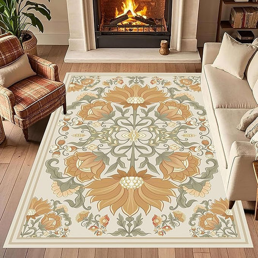Abstract Sunflower Area Rugs, 6x8ft, Traditional Rustic Vintage Tropical Floral Theme Beige Farmhouse Boho Carpet, Shaggy Low Pile Fade Resistant Home Goods Rug for Living Room Kitchen