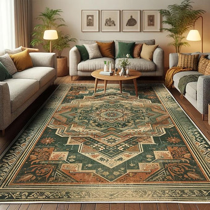 Ambesonne Oriental Boho Decorative Rug, Bohemian Flowery Mandala with Abstract Geometric Details Print, Quality Carpet for Bedroom Dorm and Living Room, 2' 5" x 5', Hunter Green Peach
