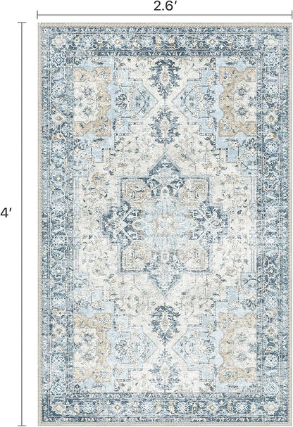 Runner Rug 2'6''x4, Non Slip Vintage Machine Washable Runner Rug, Low Pile Lighrweight Rugs for Entryway, Hallway, Kitchen and Corridor, Blue