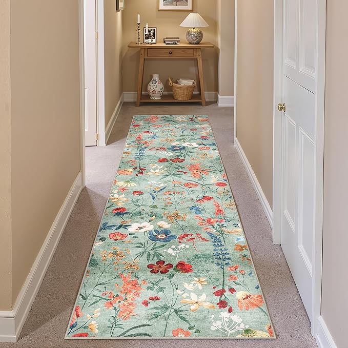 Floral Runner Rug 3x12 Washable Hallway Long Green Bedroom Carpet Non Slip Indoor Boho Kitchen Low Pile Accent Rug Lightweight Soft for Bathroom Dining Laundry Living Room
