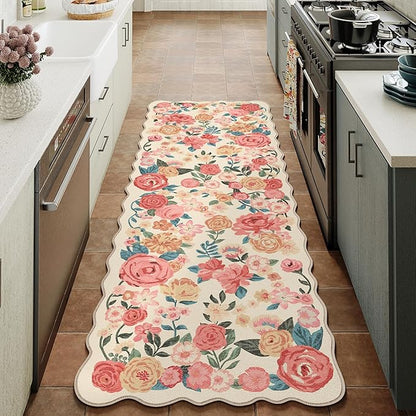 Washable Floral Runner Rug 2x8 Beige Hallway Carpet Scalloped Flower Non Slip Soft Long Kitchen Runner Farmhouse Low Pile Thin Indoor Floor Cover for Bathroom Bedroom Laundry Room Entryway