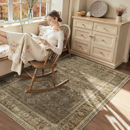 HelloTree Vintage Area Rug 3x5 Brown Entryway Office Washable Carpet Non Slip Backing Printed Distressed Rugs for Bedroom Vintage Boho Tribal Area Rugs for Bathroom Bedroom Dining Living Room-Brown