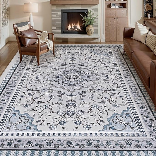 Luxury 8' x 10' Green Washable Area Rugs, Boho Low Pile Easy Clean Non-Slip Rug, Floral Medallion Pattern Vintage Rugs for Living Room, Dinning Room, Office, Bedroom, Bathroom, Laundry Room, Farmhouse