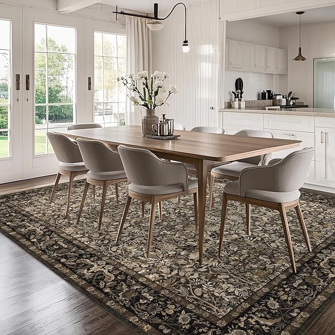 Washable Living Room Rug: 8x10 Boho Floral Soft Area Rug for Bedroom Decor - Vintage Low Pile Thin Carpet for Dining Room Non-Slip - Farmhouse Stain Resistant Rugs - Dark Brown