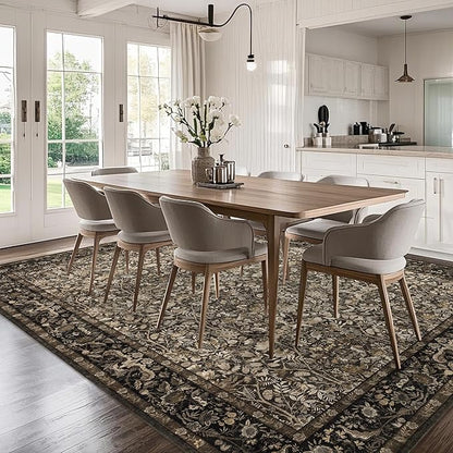 Washable Living Room Rug: 10x14 Boho Floral Soft Area Rug for Bedroom Decor - Vintage Low Pile Thin Carpet for Dining Room Non-Slip - Farmhouse Stain Resistant Rugs - Dark Brown