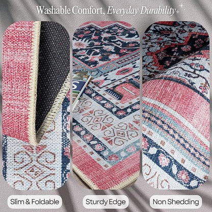 Fame Rugs Turkish Rug. Washable Vintage Oriental Antique Inspired Traditional Doormat Small Modern Area Rugs Luxury Entryway Entry Bedroom Bathroom Kitchen (399TN, 2'5 x 13'1)