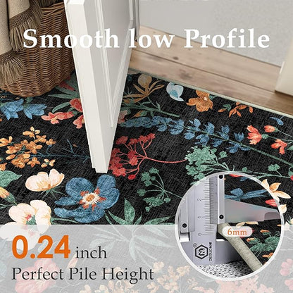 Floral Runner Rug 2x5 Washable Hallway Long Black Bedroom Carpet Non Slip Indoor Boho Kitchen Low Pile Accent Rug Lightweight Soft for Bathroom Dining Laundry Living Room
