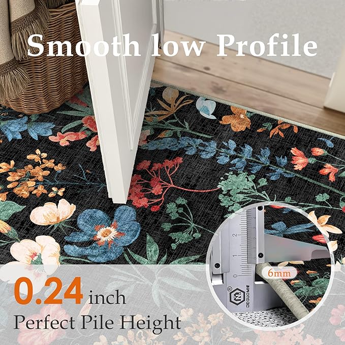 Floral Runner Rug 2x12 Washable Hallway Long Black Bedroom Carpet Non Slip Indoor Boho Kitchen Low Pile Accent Rug Lightweight Soft for Bathroom Dining Laundry Living Room