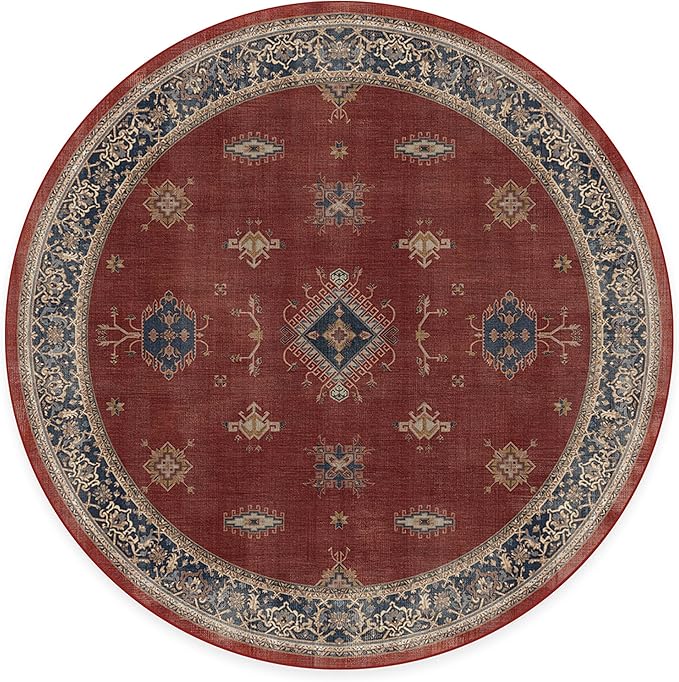 RUGGABLE Washable Vintage Area Rug – Verena Amber Red 6 ft Round, Stain-Resistant, Non-Slip – Medium Machine Washable Rugs for Living Room, Bedroom, Hallway, Entryway & Office–with Cushioned Pad