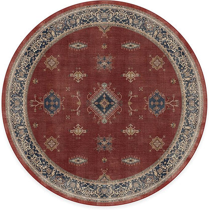 RUGGABLE Washable Vintage Area Rug – Verena Amber Red 6 ft Round, Stain-Resistant, Non-Slip – Medium Machine Washable Rugs for Living Room, Bedroom, Hallway, Entryway & Office–with Standard Pad