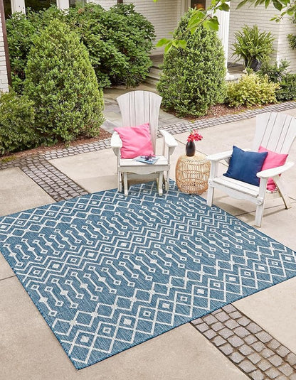 Unique Loom Outdoor Trellis Collection Area Rug - Tribal Trellis (8' Square, Blue/ Ivory)