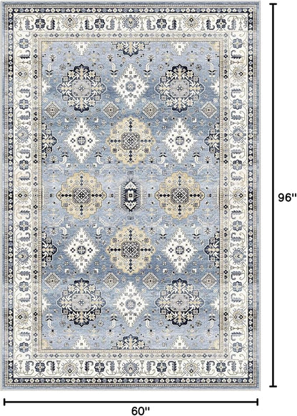 Dripex Vintage Washable Area Rug - 5x8 Distressed Rugs for Living Room Bedroom Oriental Medallion Floral Print Carpet Low-Pile Indoor Soft Non-Slip Accent Rug Farmhouse Office Home Decor