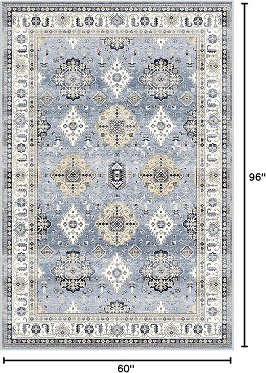 Dripex Vintage Washable Area Rug - 5x8 Distressed Rugs for Living Room Bedroom Oriental Medallion Floral Print Carpet Low-Pile Indoor Soft Non-Slip Accent Rug Farmhouse Office Home Decor