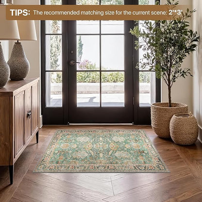 Bavni Entryway Rug, 2x3 Washable Rug Ultra-Thin Low Pile, Non-Slip Small Rugs Indoor for Front Door Entrance Bathroom, Vintage Print Carpet Soft Stain Resistance, Sage/Gold