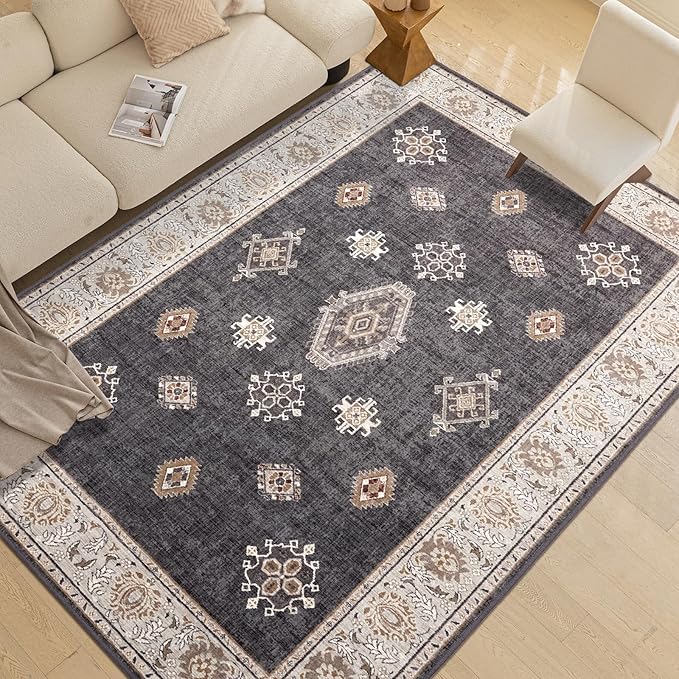 ILANGO Vintage 8'x10' Area Rugs for Living Room Washable Black Area Rugs Non Slip Boho Dining Room Rugs for Under Table Ultra-Thin Low-plie Floor Carpet for Bedroom