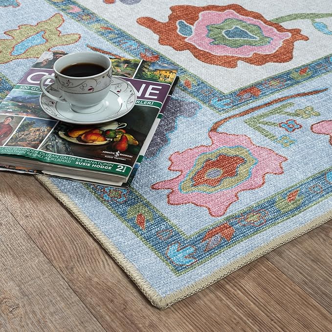 Fame Living Colorful Oushak Rug, Modern, Vintage, Turkish, Eclectic, Floral, Pastel, Washable, Area Rugs for Living Room, Dining, Bedroom, Nursery, Girls, Boys, 5'9"x8'9"