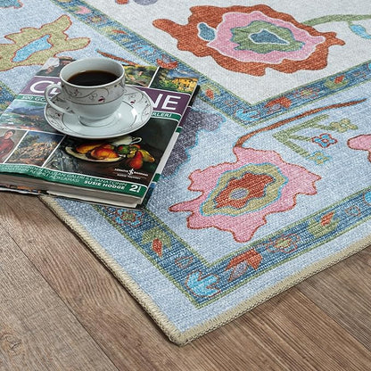 Fame Living Colorful Oushak Rug, Modern, Vintage, Turkish, Eclectic, Floral, Pastel, Washable, Extra Large Area Rugs for Living Room, Dining, Bedroom, Lounge, 9'x12'