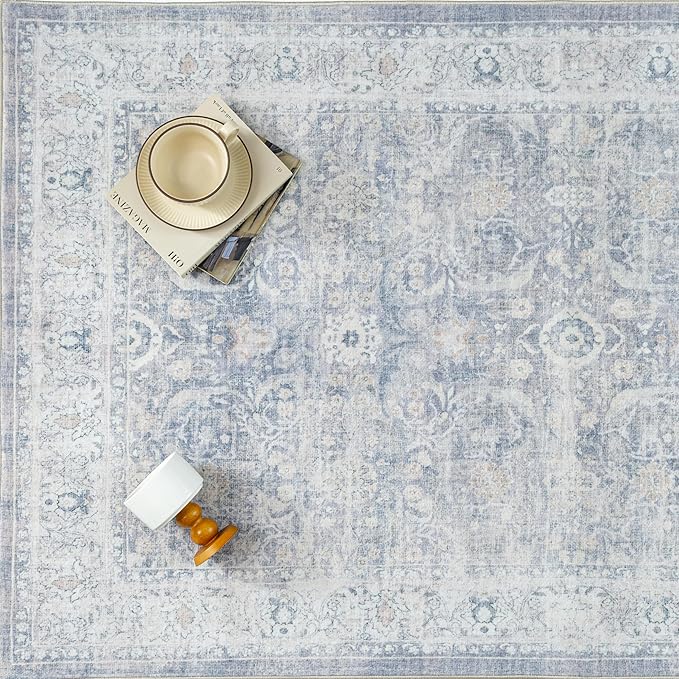 6x9 Blue Washable Area Rug for Living Room Bedroom Neutral Soft Non Slip Rug Low Pile Vintage Distressed Carpet for Dining Room Nursery Office Indoor