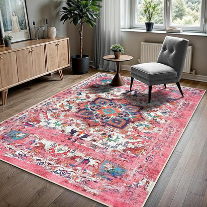 GLN Rugs Traditional Collection - Machine Washable Area Rug, Traditional Washable, Non Slip, Low Pile Chenille Rug, Living Room, Bedroom, Kitchen Rug (6' x 9' Pink/Multicolor)