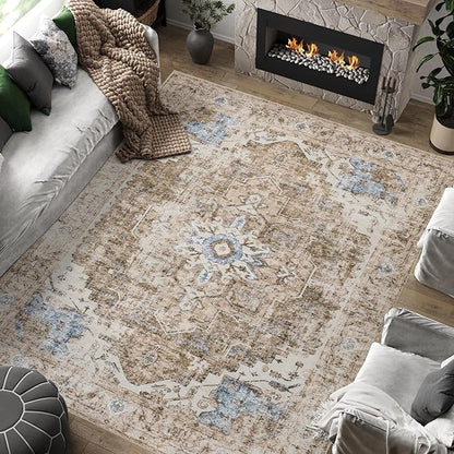 jinchan Kelda Area Rug 8x10 Washable Living Room Rug Vintage Soft Indoor Large Floor Cover Retro Distressed Mat Accent Lightweight Non-Slip Thin Carpet for Kitchen Bathroom Bedroom Brick Red
