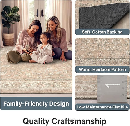 Well Woven Asha Rome Beige Cream 7'7" x 9'10" Area Rug - Oriental Floral Pattern, Easy Clean, Floor-Friendly Backing - for Living Room, Bedroom, and Dining Room