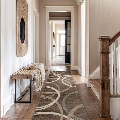 Rugshop Modern Wavy Circles Design Runner Rug, Non-Shedding Carpet for Hallway, Entryway, or Kitchen, Brown, 2'7" x 10'