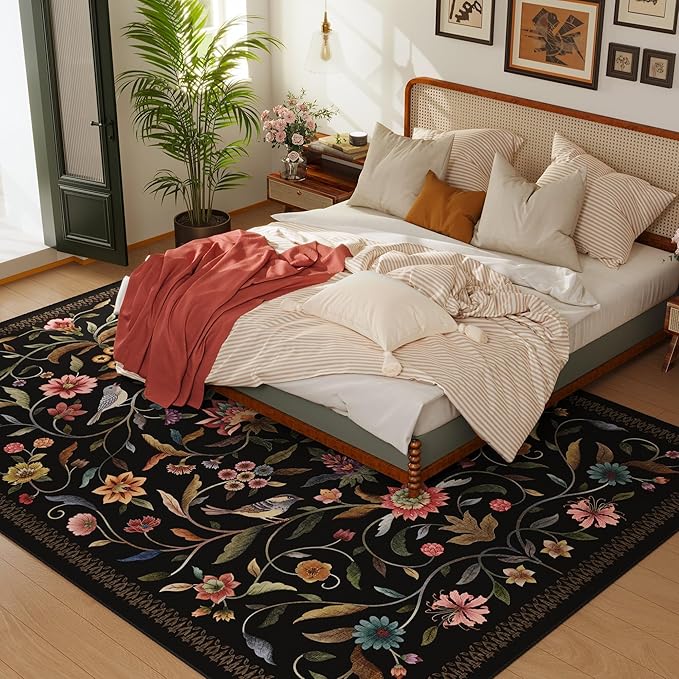 Vintage Medallion Floral Area Rugs 8x10 Clearance, Machine Washable Non-Slip, Low Pile Soft Large Carpet for Living Room, Bedroom, Dining Room, Farmhouse, Kids Playroom, Office | Black