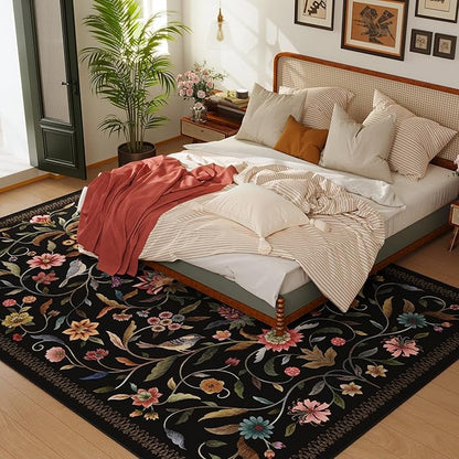 Vintage Medallion Floral Area Rugs 8x10 Clearance, Machine Washable Non-Slip, Low Pile Soft Large Carpet for Living Room, Bedroom, Dining Room, Farmhouse, Kids Playroom, Office | Black