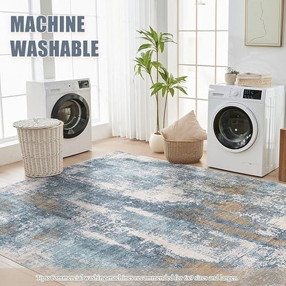 Area Rug Living Room Rugs - 8x10 Washable Large Soft Indoor Neutral Modern Abstract Low Pile Rug Carpet for Bedroom Dining Room Farmhouse Home Office - Blue Brown