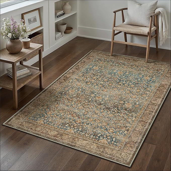 Area Rug 3x5 Entryway Office Washable Vintage Carpet Non Slip Indoor Kitchen Door Mat Retro Traditional Accent Throw Small Rug Brick Red for Bathroom Bedroom Dining Living Room