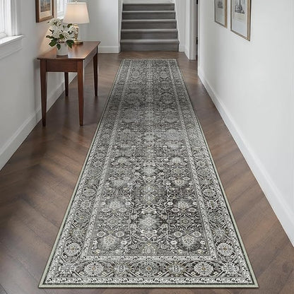 Black Runner Rug 2'6"x14' Vintage Area Carpet Hallway Long Indoor Kitchen Washable Living Room Low Pile Traditional Distressed Retro Accent Rug Non Slip Laundry Bathroom Office Dining Room