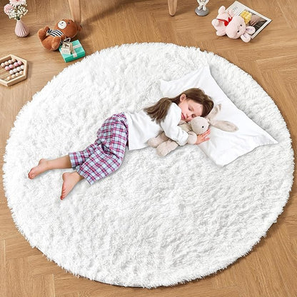 Andency White Round Area Rug for Bedroom, Soft Shag Circle Rug 4x4 for Room, Fluffy Faux Fur Carpet for Home Decor, Circular Fuzzy Plush Rug for Living Room Playroom